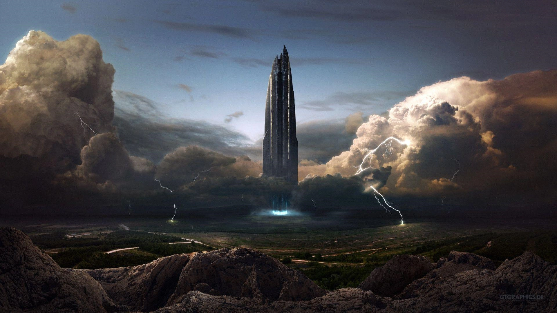 a tall futuristic building rises above the storm clouds