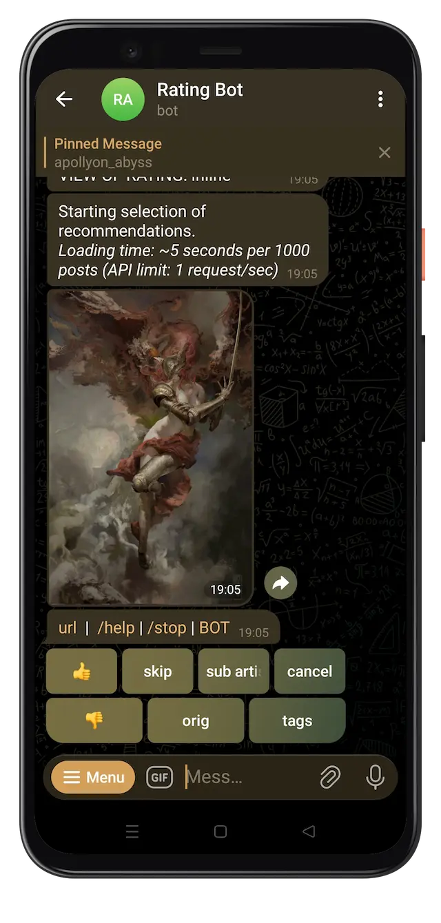 Rating bot Telegram interface showing personalized recommendations